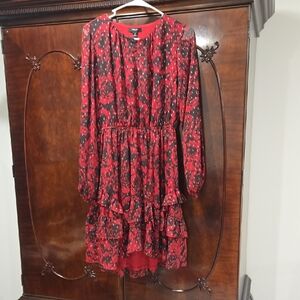 Red and Black Floral Long Sleeve Dress